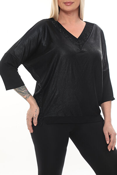 KRUVAZE Plus Size.Over Size.V Neckline. the Collar Side Parts Are Stone-Embellished