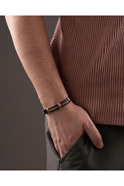 Sırlı Sepet Deri Kaplı Bakır Detaylı Manyetik Bilezik