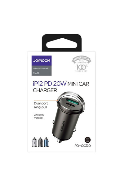 TelcoMag Joyroom (C-A45) - Incarcator Auto, Mini, 20W, 1xUSB-C, 1xUSB-A, PD, QC 3.0, Inel-Pull, Negru