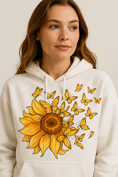 ocke White Sunflower and Butterfly Printed Kangaroo Pockets Hooded Women Hoodie