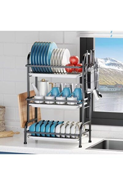 Razo 3-Tier Stainless Steel Dish Rack, Matte Black, 40×25×60 cm with Cutlery & Cutting Board Holders