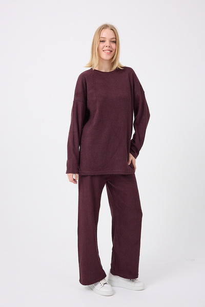 Silk & Spice طقم نسائي قماش مجدّل من القماش المحبوك بأكمام خفاش وياقة دائرية واسع الأرجل O قصة فضفاضة مريح ومصمم بشكل مريح