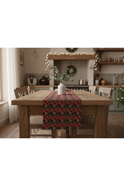 Lilies Atelier Yılbaşı Çiçeği Desen Yeşil 3D Mikro Petek Keten Görünümlü Masa...