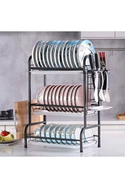 Razo 3-Tier Stainless Steel Dish Rack, Matte Black, 40×25×60 cm with Cutlery & Cutting Board Holders