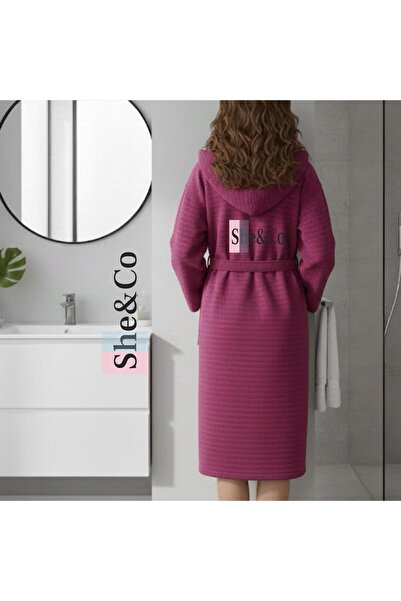 She&Co Fuchsia Hooded Corded Fabric Woven Cotton Women's Bathrobe - Soft Texture