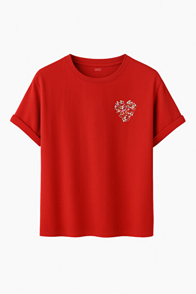 DK DAKSEL Minimalist Floral Heart Printed Chest Detailed Oversized Regular Fi...