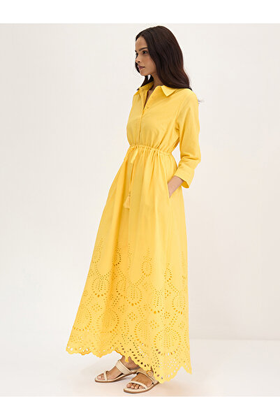 Styli Yellow Schiffli Hem Maxi Shirt Dress