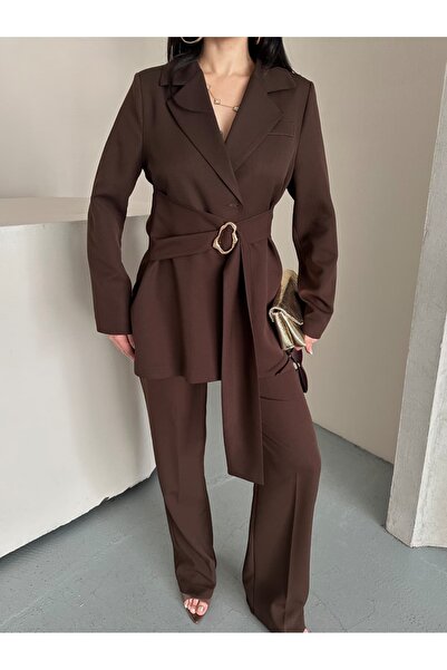 MYGİYİMİSTANBUL Blazer Jacket Wide Leg Pants Set with a Wide Fabric Belt Tied at the Waist