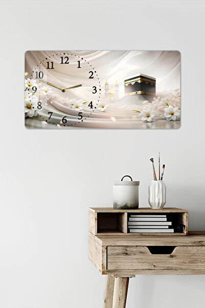 kutuTR 3D Görünümlü 2D UV Baskı Yatay Temperli Cam Saat Tablo – Kâbe ve Beyaz Çiçekler – 60x30 cm-YSL018