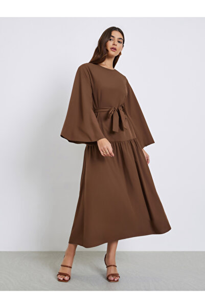 Styli Brown Midi Dress with Flute Sleeves