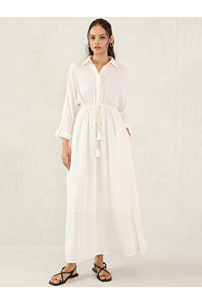 Styli Off White Textured Crinkled Shirt Maxi Dress