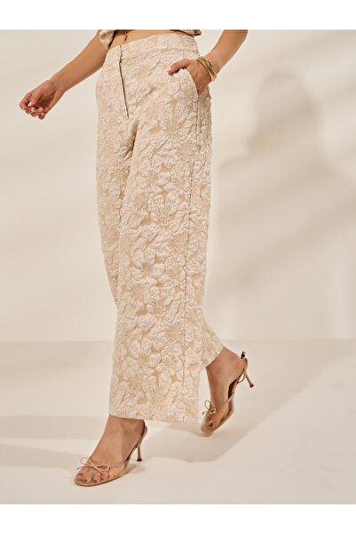 Styli Beige Jacquard Wide Leg Trousers