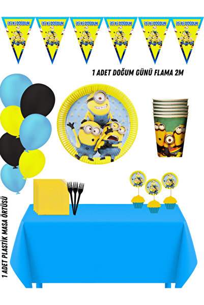 HAPPYLOOPPARTY Minyonlar Minyon Minions 8 Kişilik Doğum Günü Parti Süsleri Seti