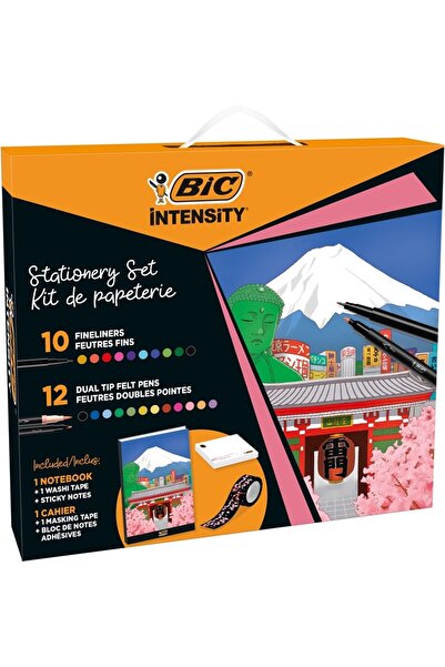 Bic Set Intensity, 10 fineliners, 12 markere dual tip, 1 caiet, 1 washi tape, 1 notite autoadezive