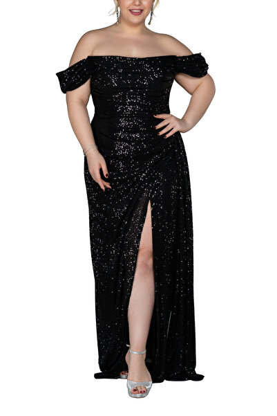 Arden Plus Size Evening Dress, Sequin Sequin Boat Neck, Wedding with Slit, Engagement Junior Evening Dress, Graduation Dress, 42-50