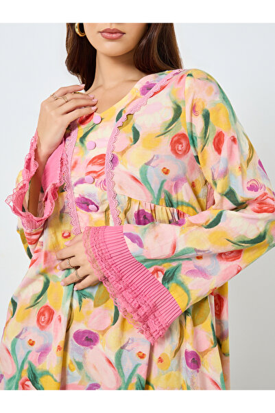 Take Two By Styli Floral Printed Patchwork Lace Detail Maxi Dress