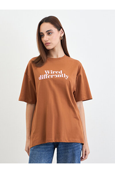 Styli Brown Slogan Print Oversized T-Shirt