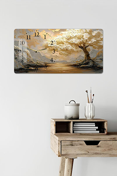 kutuTR 3D Görünümlü 2D UV Baskı Yatay Temperli Cam Saat Tablo – Altın Ağacı Manzara – 60x30 cm -YSL010