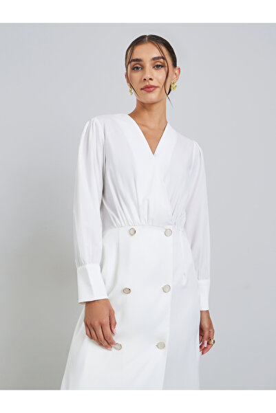 Styli White Sheath Midi Dress with V Neck