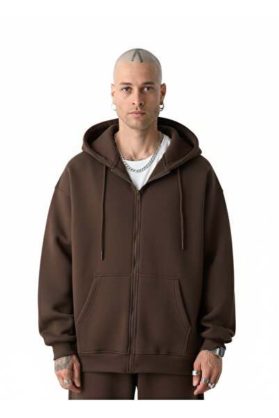 YAKAMEL Erkek Basic BEJ Unisex Tam Fermuar Sweatshirt Hırka