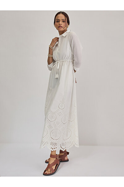 Styli White Schiffli Hem Maxi Shirt Dress