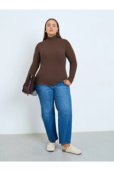 Styli Plus Size Brown Ribbed Knit Top