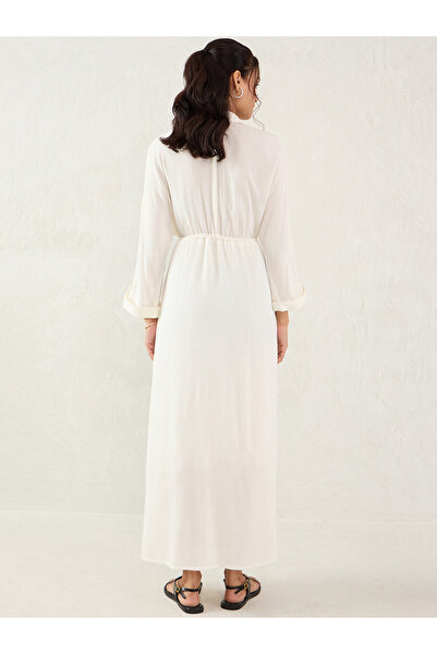 Styli Off White Textured Crinkled Shirt Maxi Dress