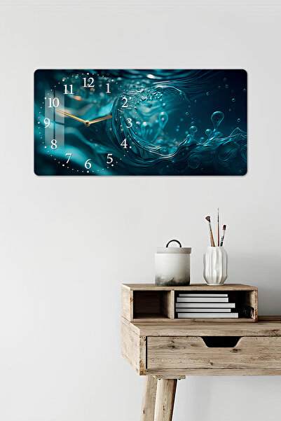 kutuTR 3D Görünümlü 2D UV Baskı Yatay Temperli Cam Saat Tablo – Su Dalgası Teması – 60x30 cm-YSL011