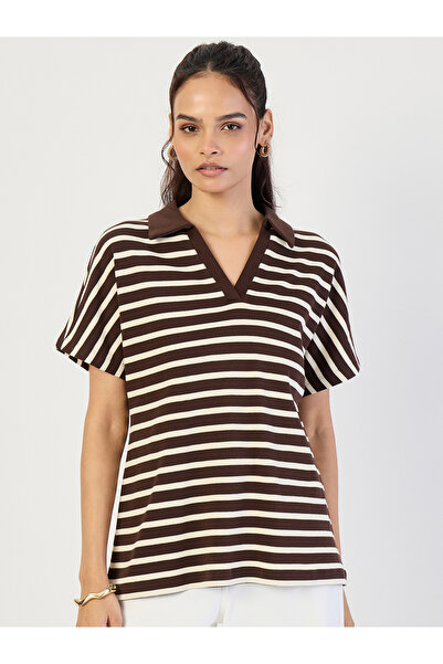 Femmella By Styli Brown Striped Knit Polo T-Shirt