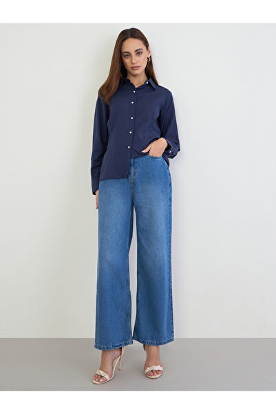 Styli Navy Regular Fit Shirt with Pearl Buttons