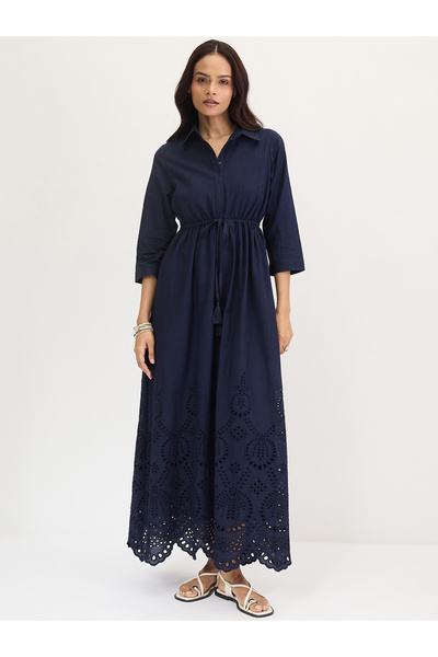 Styli Navy Blue Schiffli Hem Maxi Shirt Dress