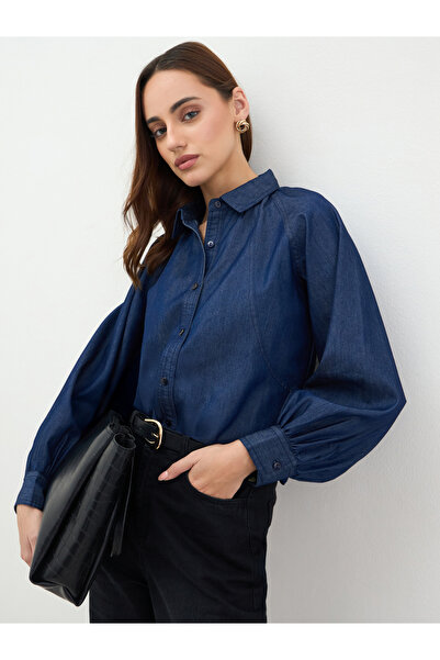 Styli Dark Blue Balloon Sleeves Denim Blouse