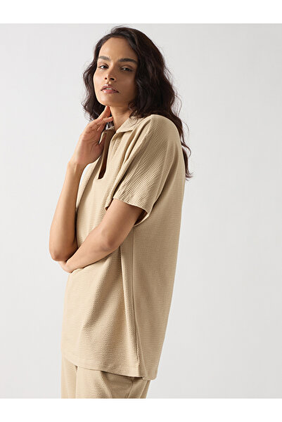 Femmella By Styli Beige Cotton Short Sleeve Knit T-Shirt