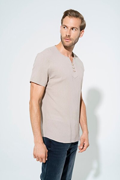 FOR YOU MODA Kurzarmhemd mit 3 Knöpfen, steinfarben