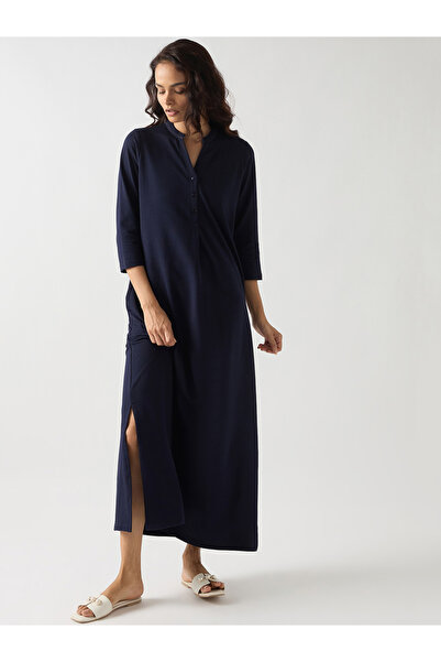 Styli Navy Blue Cotton Knit Maxi Dress with 3/4 Sleeves