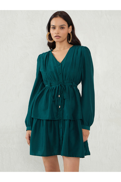 Styli Emerald Green Long Sleeve A-Line Mini Dress