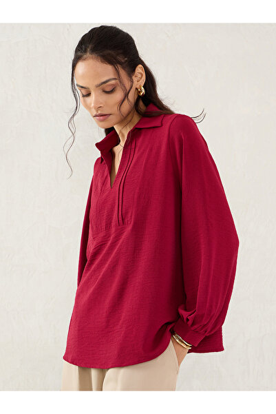 Femmella By Styli Maroon Collared Top with 3/4 Sleeves