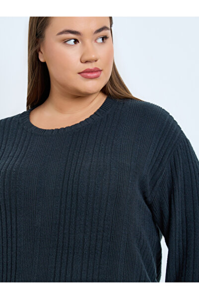 Styli Plus Size Navy Rib Knit T-Shirt and Pyjama Set