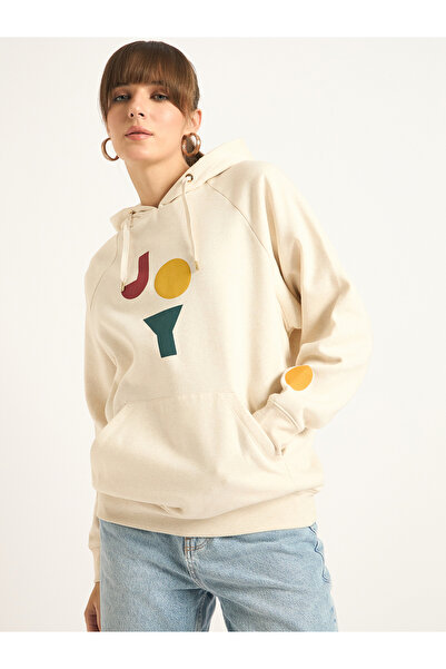 Femmella By Styli Cream Raglan Sleeve Fleece Graphic Hoodie