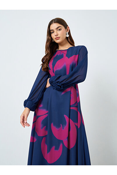 Take Two By Styli Floral Printed Round Neck Belted Maxi Dress