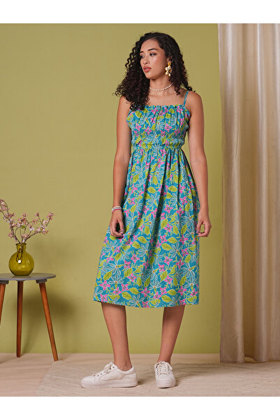 Globus By Styli Floral Print Strappy Gathered Midi Fusion Dress