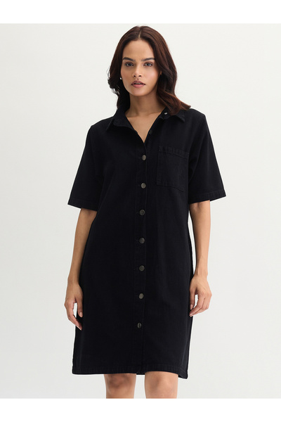 Styli Black Denim Knee Length Shirt Dress