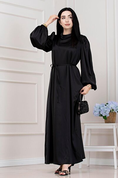 Sevitli Βραδινό φόρεμα με κορδόνι στη μέση και μανίκια μπαλόνι-ΜΑΥΡΟ