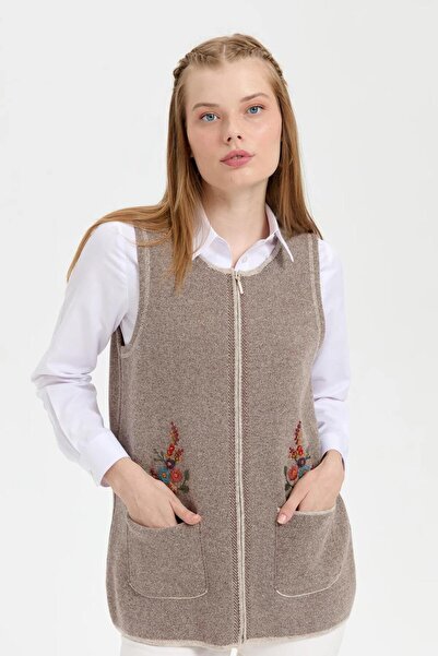 Nazen Giyim Zero Collar Embroidered Beige Women's Vest 24000-Sy-2K5