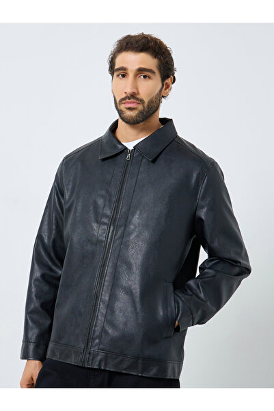 Styli Men Relaxed Fit Leather Look Jacket with Collar