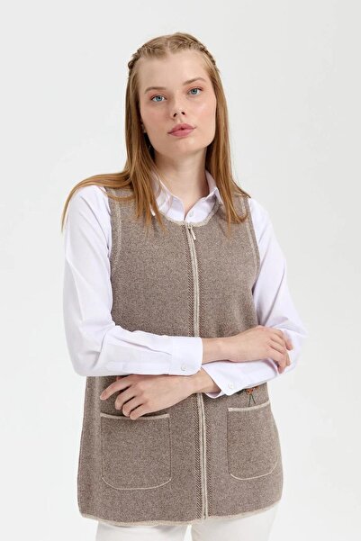 Nazen Giyim Zero Collar Embroidered Beige Women's Vest 24000-Sy-2K5