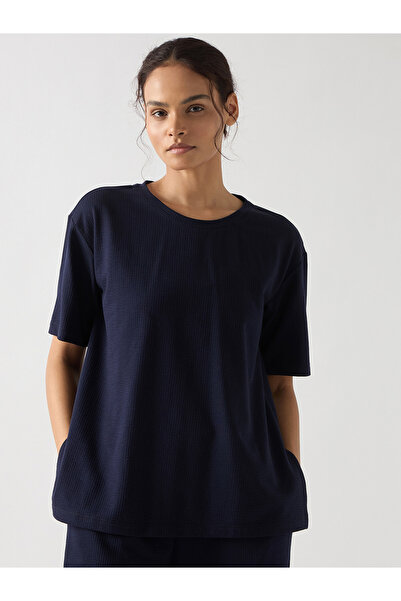 Femmella By Styli Navy Blue Cotton Short Sleeve Knit T-Shirt