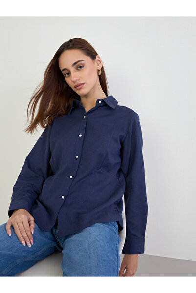 Styli Navy Regular Fit Shirt with Pearl Buttons