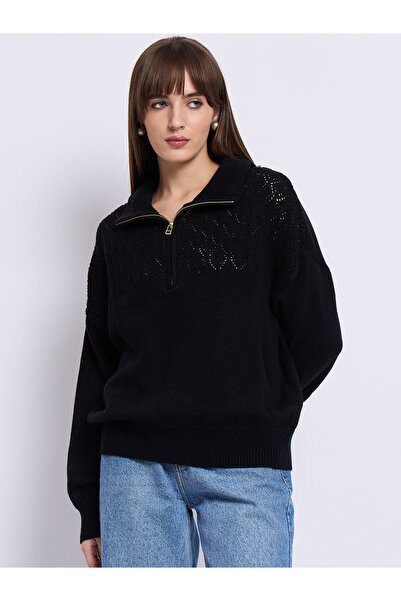 Femmella By Styli Black High Neck Half Zipper Sweater
