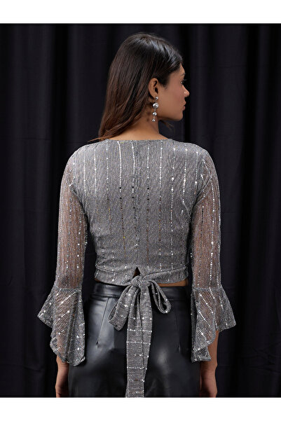 Globus By Styli Women Grey Flared Sleeves Embellished Crop Top